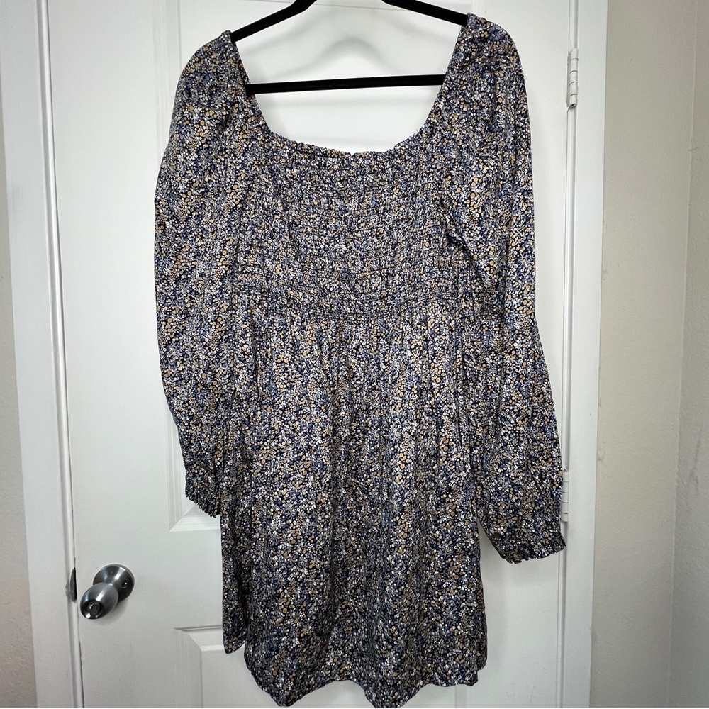 Gap Blue Multi Floral Smocked Square Neck Long Sleeve Mini Dress Size Small